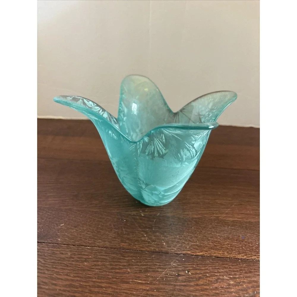 Vintage Art Glass Turquoise Etched/Frosted Tulip Candle Holder